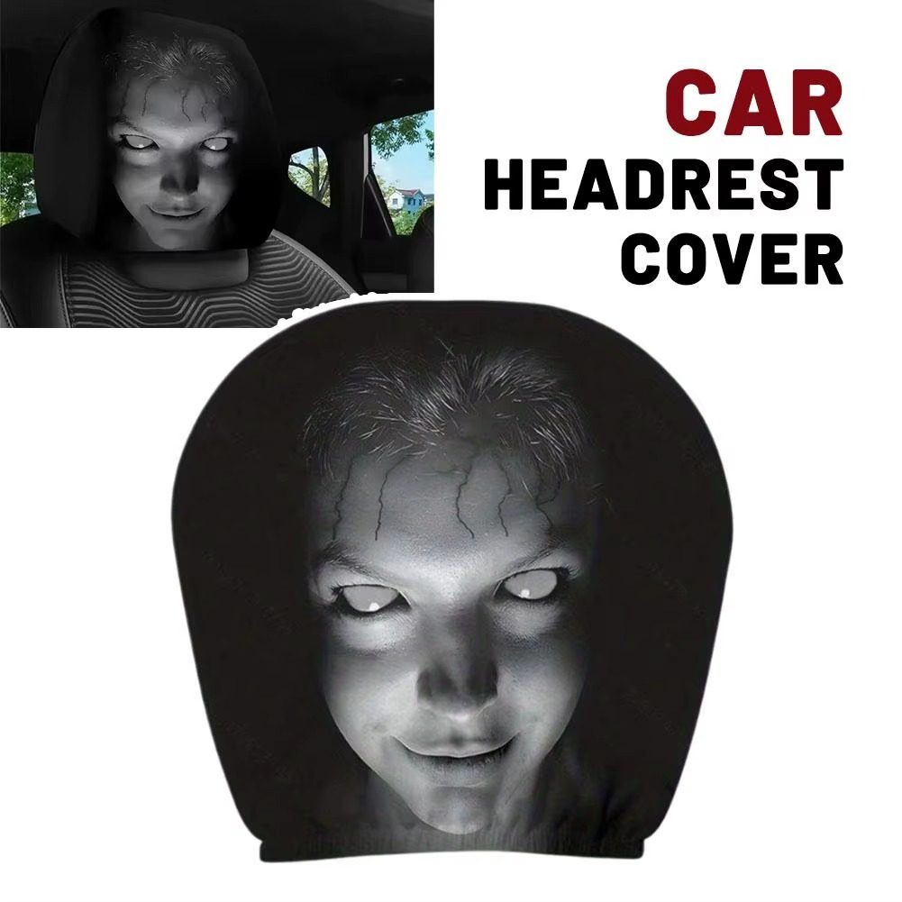 Flat view of the Backseat Passenger horror headrest cover print