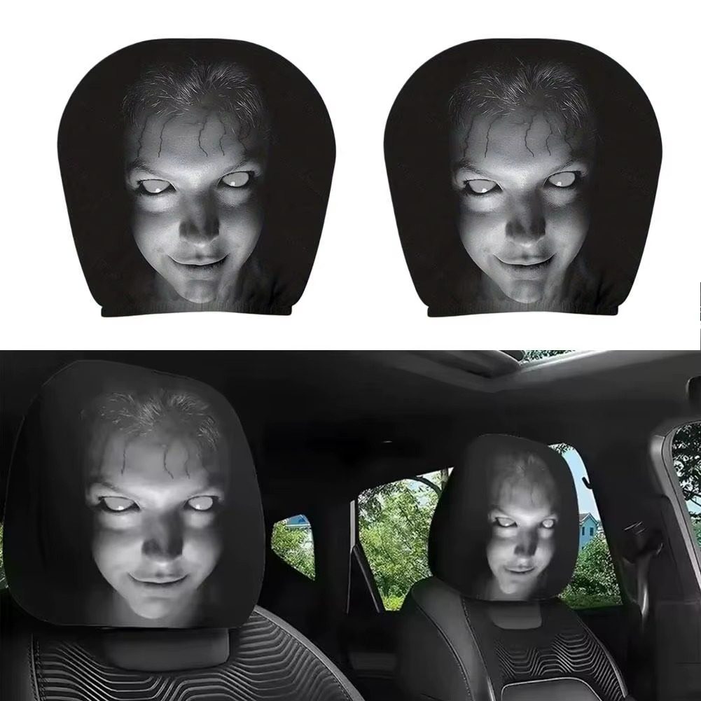 Two horror headrest covers shown flat and fitted inside a vehicle