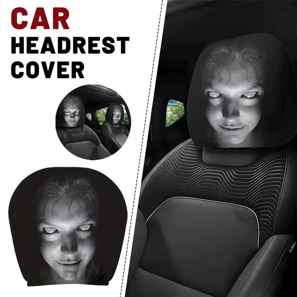 Close-up of the demon-face cover fitted on a textured racing-style seat