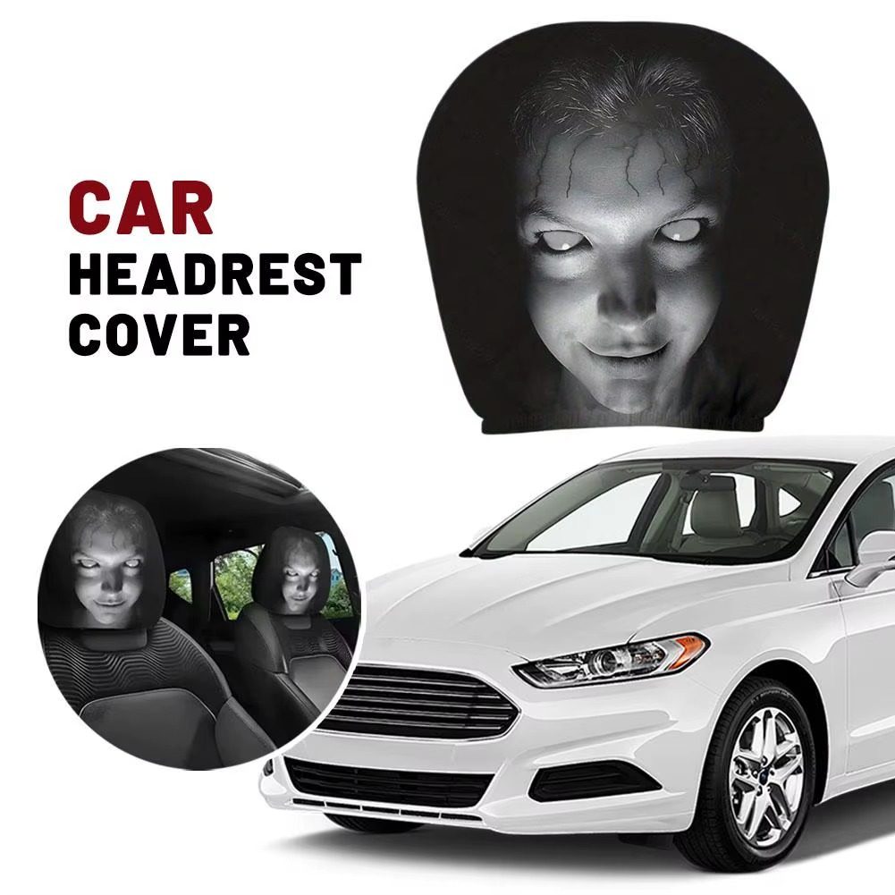 White sedan with the horror headrest cover product displayed above it