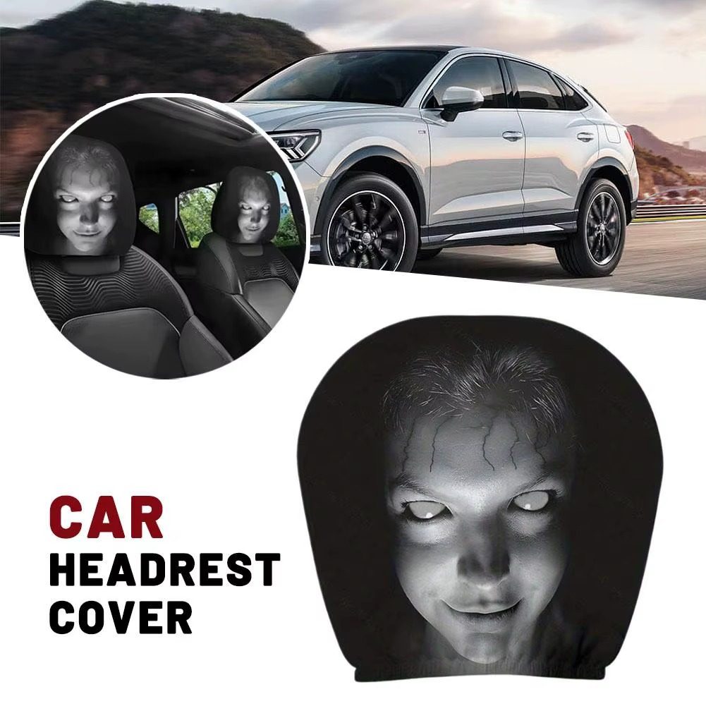 SUV driving with horror face headrest covers visible through the window